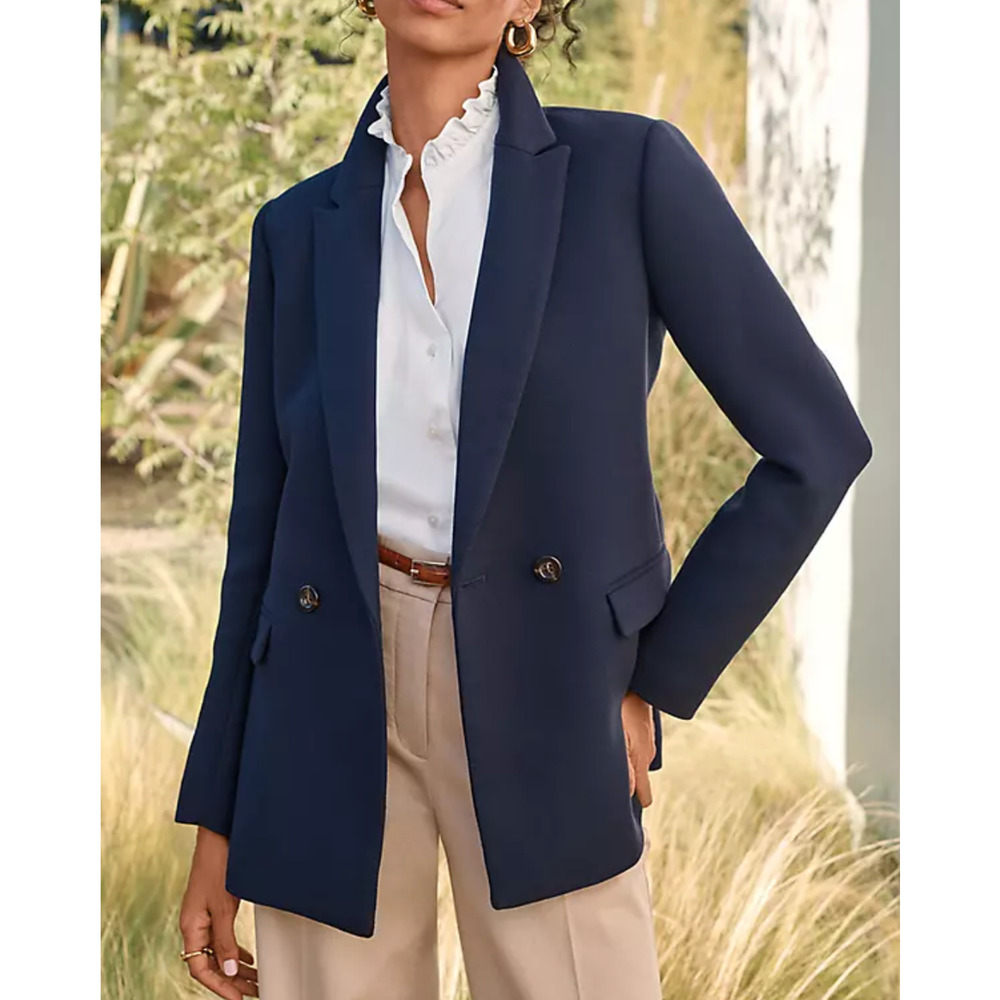 ANN TAYLOR NAVY THE PETITE RELAXED DOUBLE BREASTED TWILL LONG BLAZER JACKET 00P